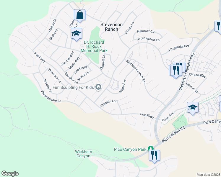 map of restaurants, bars, coffee shops, grocery stores, and more near 25604 Housman Place in Stevenson Ranch