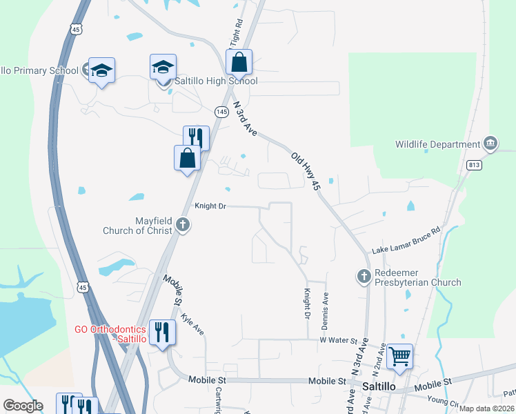 map of restaurants, bars, coffee shops, grocery stores, and more near 152 Knight Drive in Saltillo