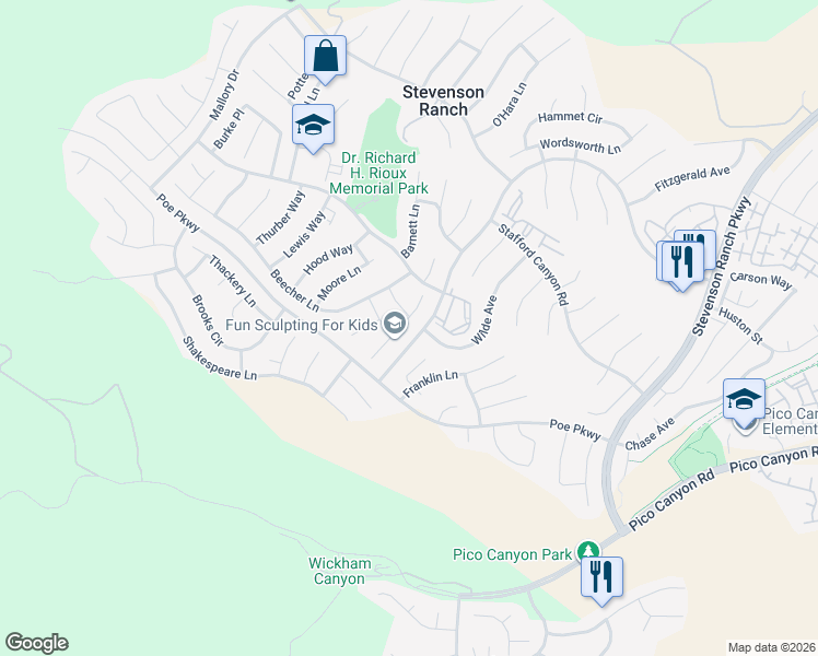 map of restaurants, bars, coffee shops, grocery stores, and more near 25564 Housman Place in Stevenson Ranch