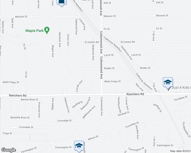 map of restaurants, bars, coffee shops, grocery stores, and more near 7431 Redwood Avenue in Hesperia