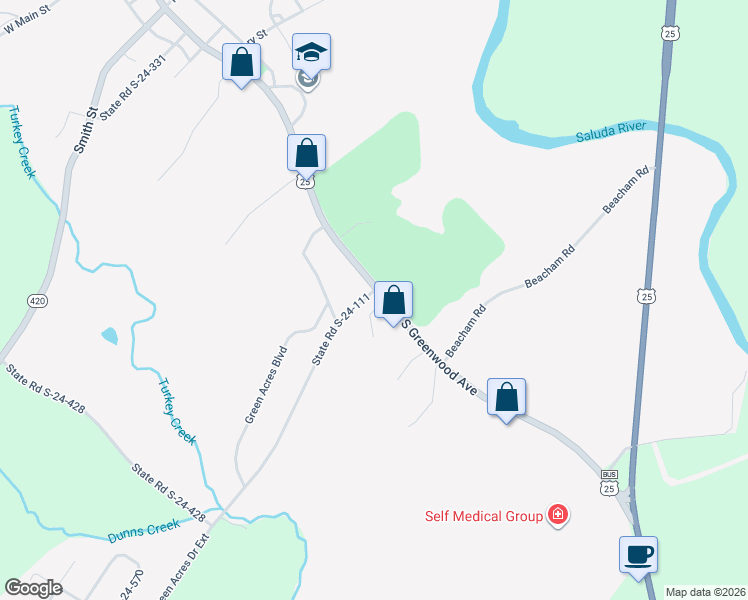 map of restaurants, bars, coffee shops, grocery stores, and more near 113 South Greenwood Avenue in Ware Shoals