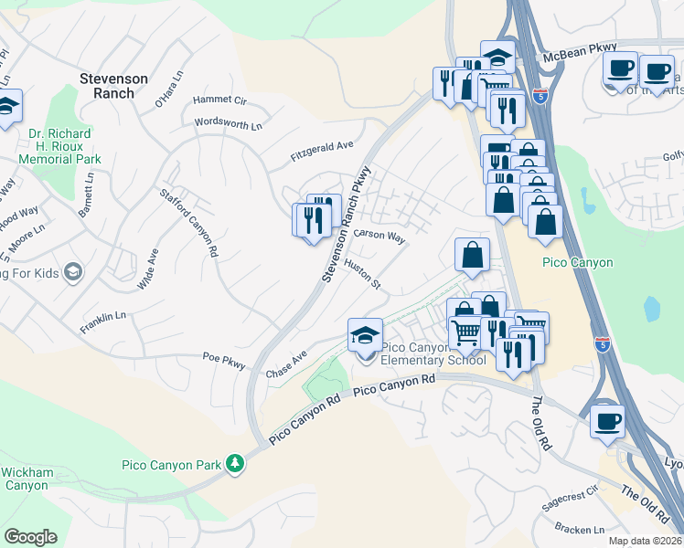 map of restaurants, bars, coffee shops, grocery stores, and more near 25544 Chisom Lane in Stevenson Ranch