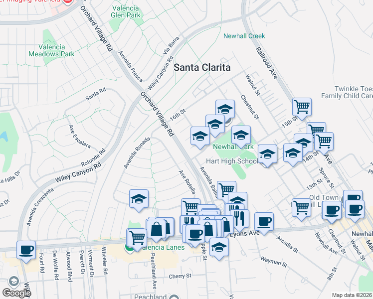map of restaurants, bars, coffee shops, grocery stores, and more near 23439 Vía Elisandra in Santa Clarita
