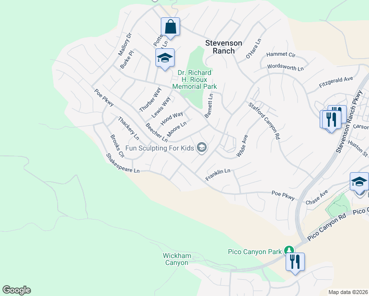 map of restaurants, bars, coffee shops, grocery stores, and more near 26228 Beecher Lane in Stevenson Ranch