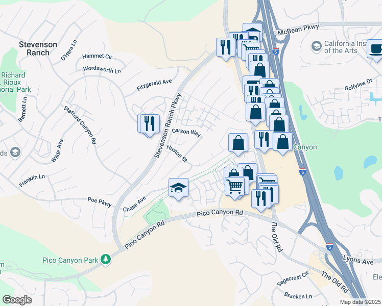 map of restaurants, bars, coffee shops, grocery stores, and more near 25622 Crockett Lane in Stevenson Ranch