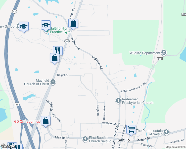 map of restaurants, bars, coffee shops, grocery stores, and more near 138 Loghan Dr in Saltillo