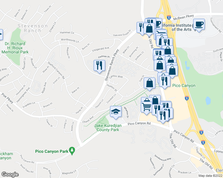 map of restaurants, bars, coffee shops, grocery stores, and more near 25544 Chisom Lane in Stevenson Ranch