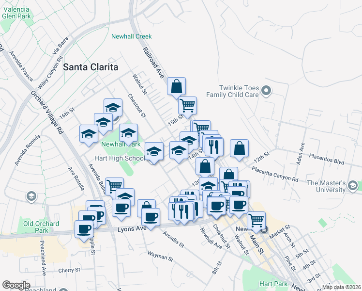 map of restaurants, bars, coffee shops, grocery stores, and more near 24836 Walnut Street in Santa Clarita
