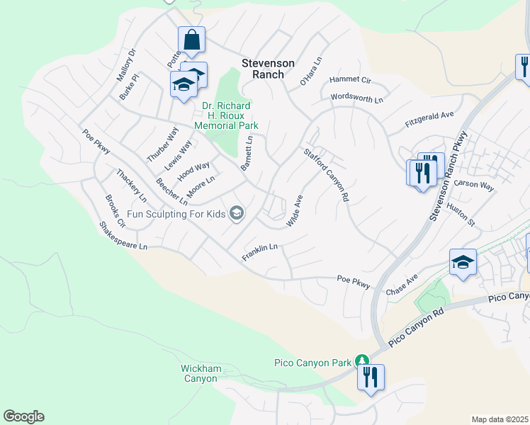 map of restaurants, bars, coffee shops, grocery stores, and more near 25506 Hemingway Avenue in Stevenson Ranch