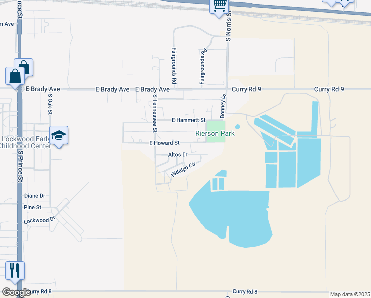 map of restaurants, bars, coffee shops, grocery stores, and more near 1917 East Howard Street in Clovis