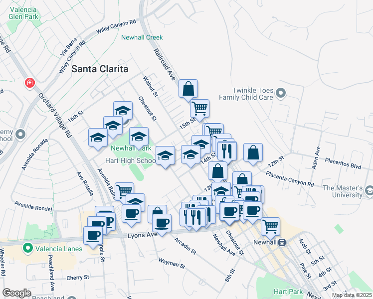 map of restaurants, bars, coffee shops, grocery stores, and more near 24851 Walnut Street in Santa Clarita