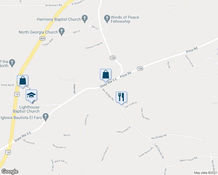 map of restaurants, bars, coffee shops, grocery stores, and more near 970 Harmony Church Road in Dawsonville