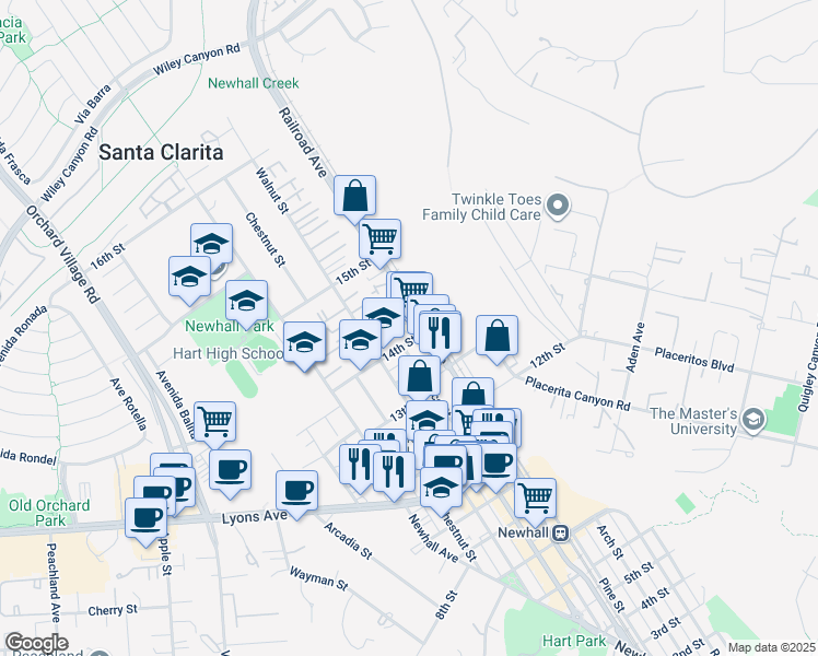 map of restaurants, bars, coffee shops, grocery stores, and more near 24811 Railroad Avenue in Santa Clarita