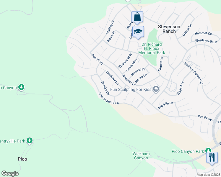 map of restaurants, bars, coffee shops, grocery stores, and more near 25511 Durant Place in Stevenson Ranch