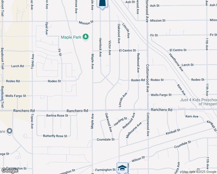 map of restaurants, bars, coffee shops, grocery stores, and more near 7470 Oakwood Avenue in Hesperia