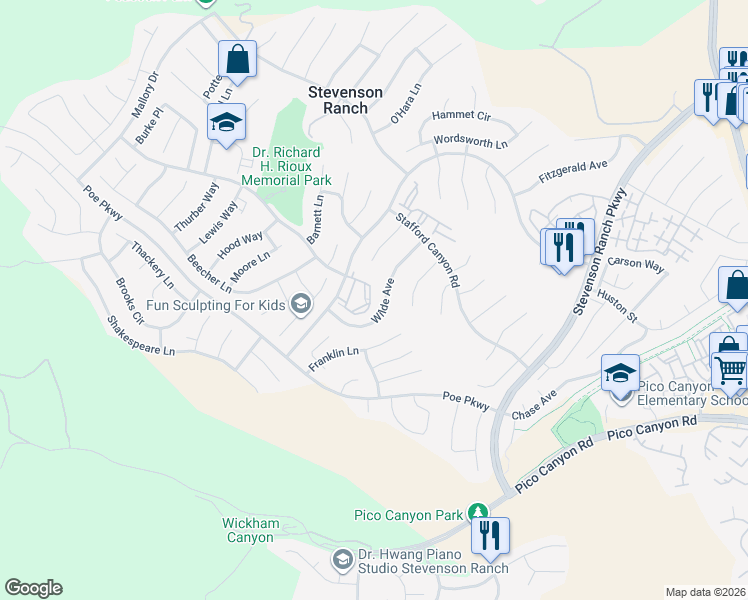 map of restaurants, bars, coffee shops, grocery stores, and more near 25558 Hemingway Avenue in Stevenson Ranch