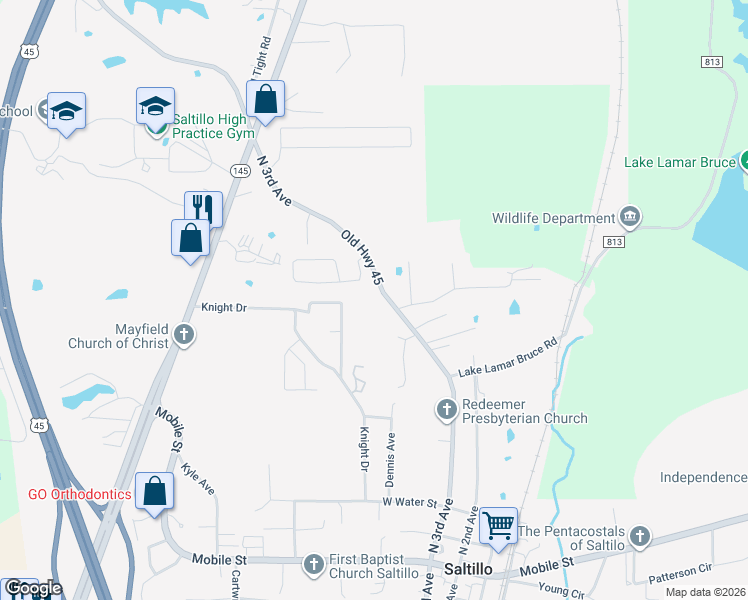 map of restaurants, bars, coffee shops, grocery stores, and more near 138 Loghan Dr in Saltillo