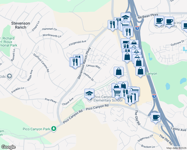 map of restaurants, bars, coffee shops, grocery stores, and more near 25621 Crockett Lane in Stevenson Ranch