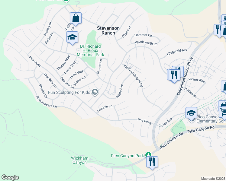 map of restaurants, bars, coffee shops, grocery stores, and more near 25554 Hemingway Avenue in Stevenson Ranch