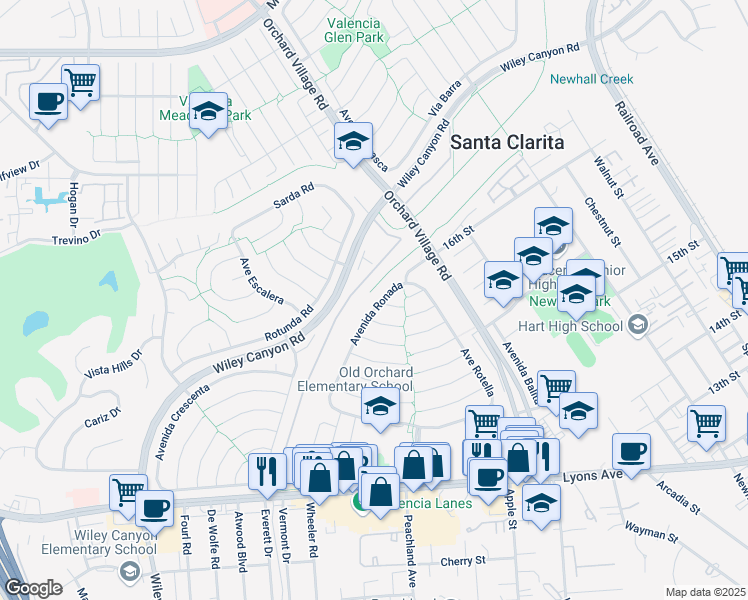 map of restaurants, bars, coffee shops, grocery stores, and more near 25347 Avenida Ronada in Santa Clarita