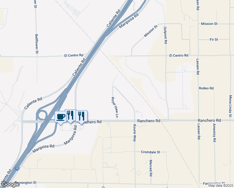 map of restaurants, bars, coffee shops, grocery stores, and more near 7463 Crown Heights Lane in Hesperia