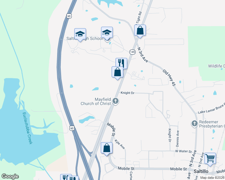 map of restaurants, bars, coffee shops, grocery stores, and more near 2319 Mississippi 145 in Saltillo