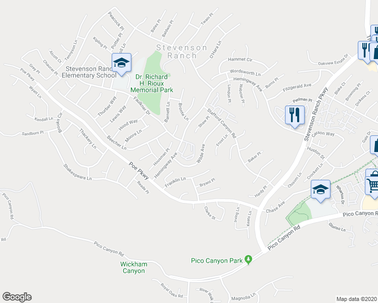 map of restaurants, bars, coffee shops, grocery stores, and more near 25558 Hemingway Avenue in Stevenson Ranch