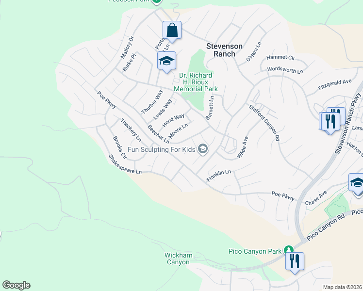 map of restaurants, bars, coffee shops, grocery stores, and more near 26228 Beecher Lane in Stevenson Ranch