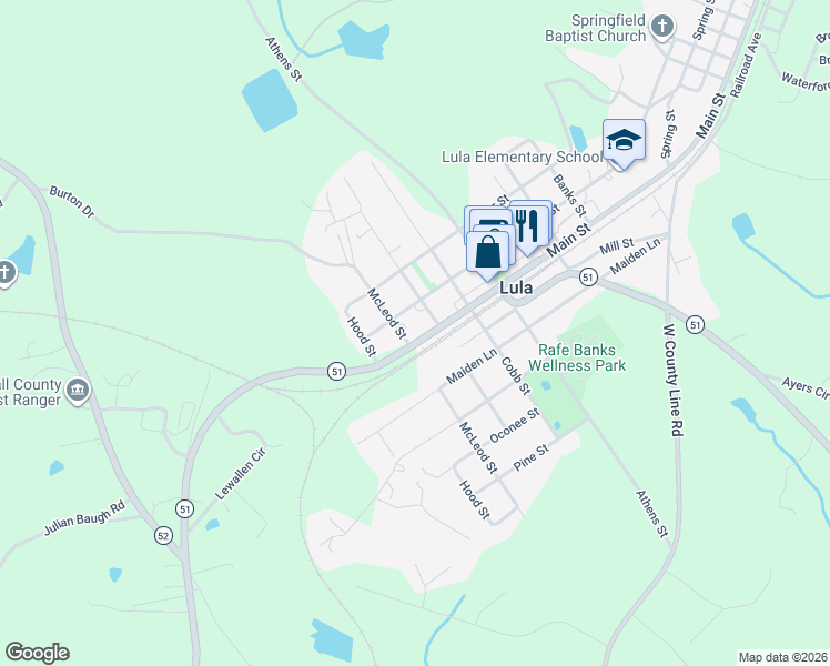 map of restaurants, bars, coffee shops, grocery stores, and more near 5855 Main Street in Lula