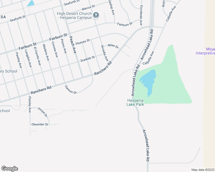 map of restaurants, bars, coffee shops, grocery stores, and more near 7402 Calpella Avenue in Hesperia