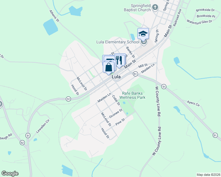 map of restaurants, bars, coffee shops, grocery stores, and more near 5853 Maiden Lane in Lula