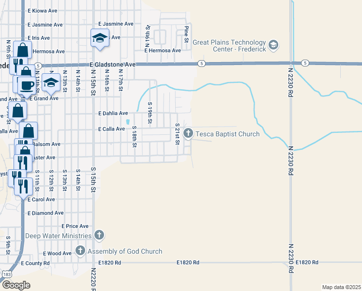 map of restaurants, bars, coffee shops, grocery stores, and more near 414 South 21st Street in Frederick