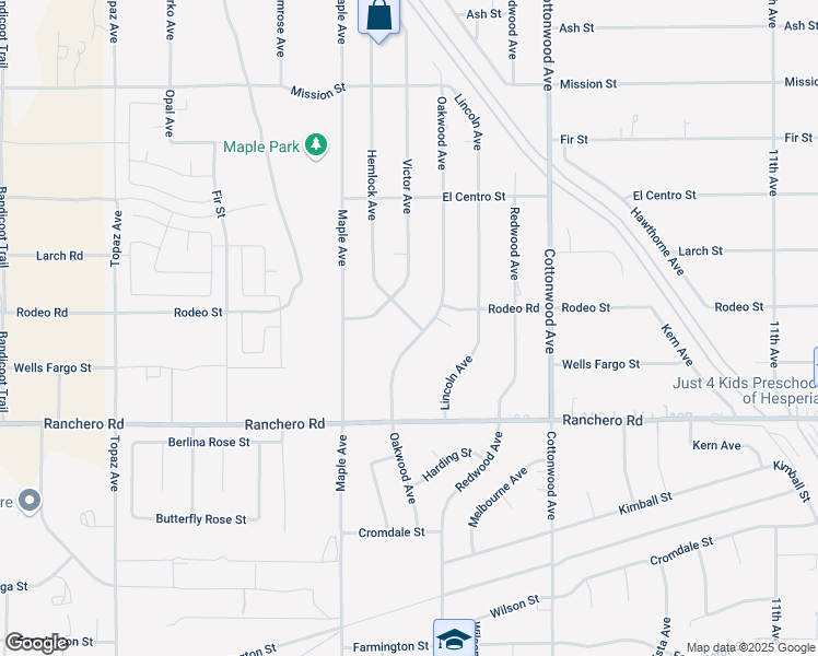 map of restaurants, bars, coffee shops, grocery stores, and more near 7470 Oakwood Avenue in Hesperia