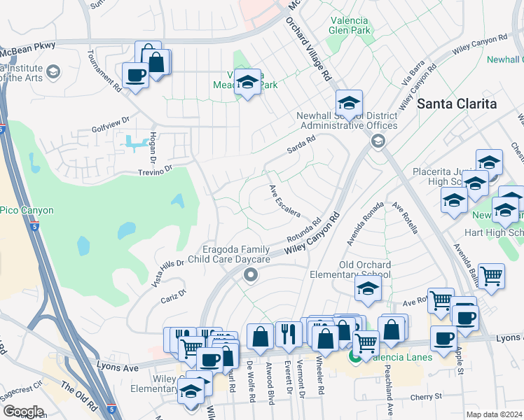 map of restaurants, bars, coffee shops, grocery stores, and more near 23943 Vía Flamenco in Santa Clarita
