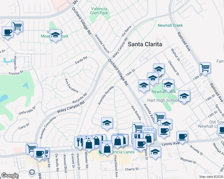 map of restaurants, bars, coffee shops, grocery stores, and more near 25347 Avenida Ronada in Santa Clarita
