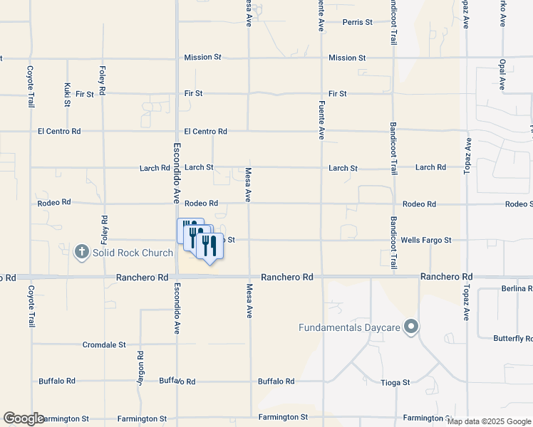 map of restaurants, bars, coffee shops, grocery stores, and more near Rodeo Street in Oak Hills