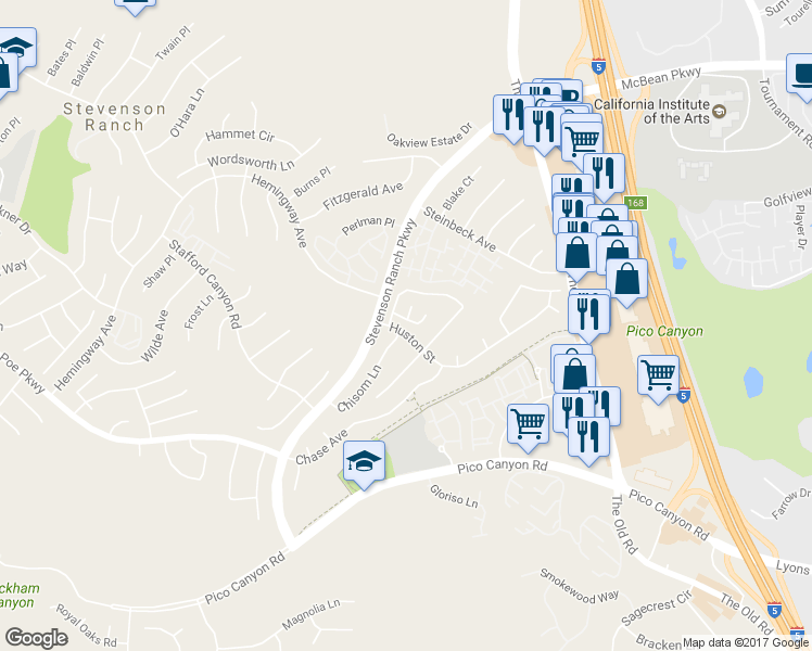 map of restaurants, bars, coffee shops, grocery stores, and more near 25332 Bowie Court in Stevenson Ranch
