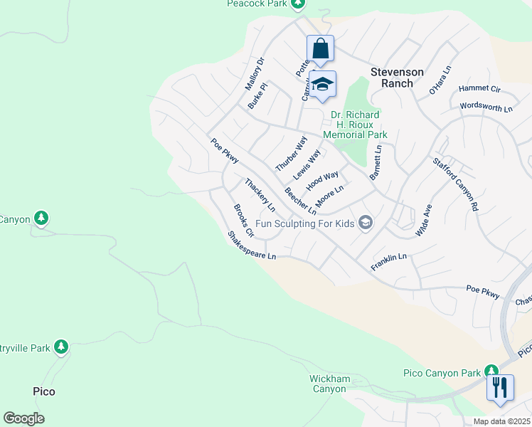 map of restaurants, bars, coffee shops, grocery stores, and more near 25511 Durant Place in Stevenson Ranch
