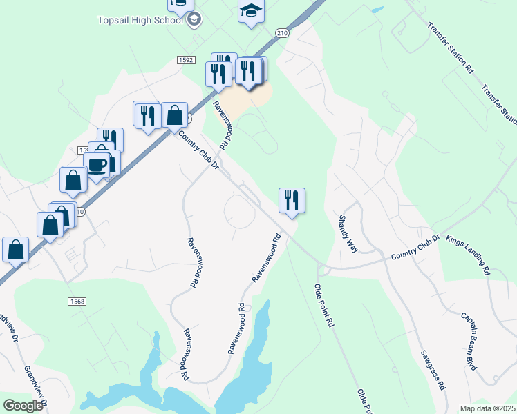 map of restaurants, bars, coffee shops, grocery stores, and more near Country Club Drive in Hampstead