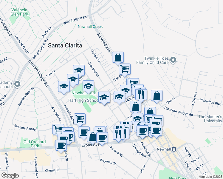 map of restaurants, bars, coffee shops, grocery stores, and more near 24857 Walnut Street in Santa Clarita