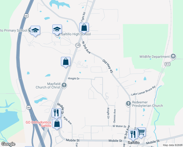 map of restaurants, bars, coffee shops, grocery stores, and more near 152 Knight Drive in Saltillo