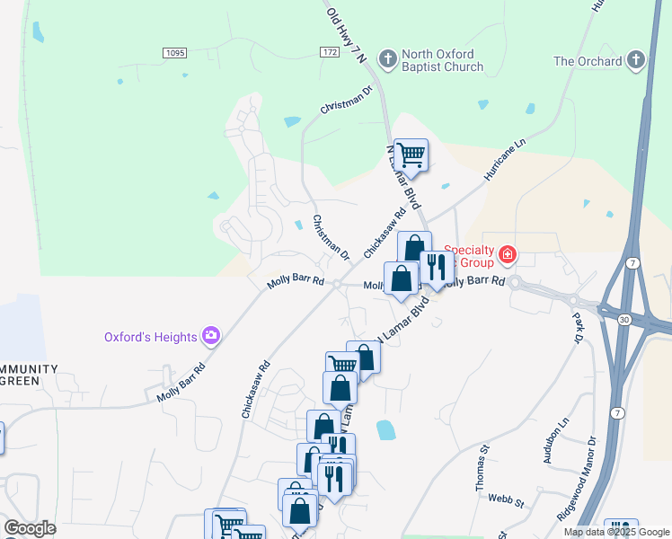 map of restaurants, bars, coffee shops, grocery stores, and more near 1401 Chickasaw Road in Oxford