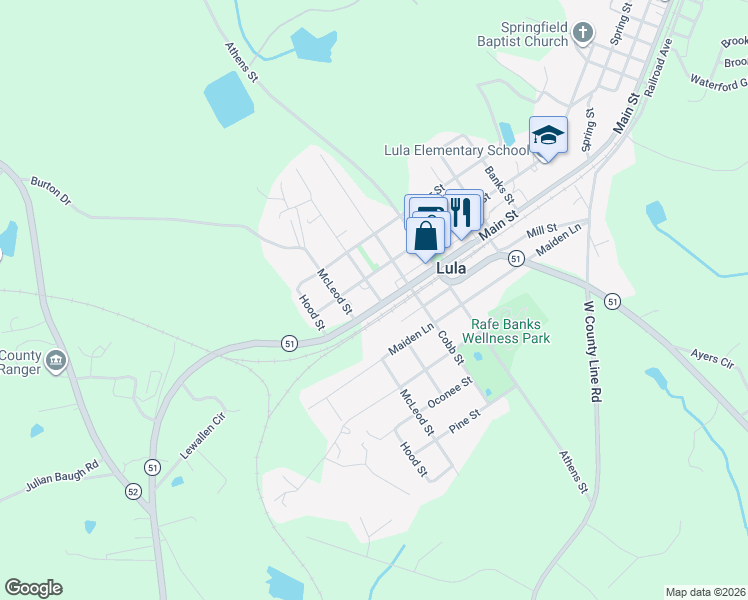 map of restaurants, bars, coffee shops, grocery stores, and more near 5855 Main Street in Lula