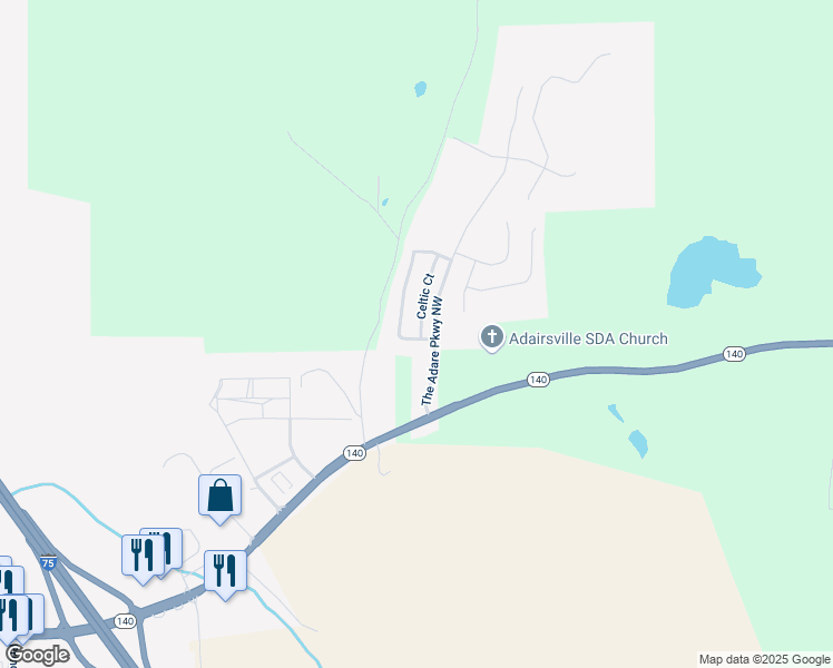 map of restaurants, bars, coffee shops, grocery stores, and more near 18 Castlemoor Loop in Adairsville