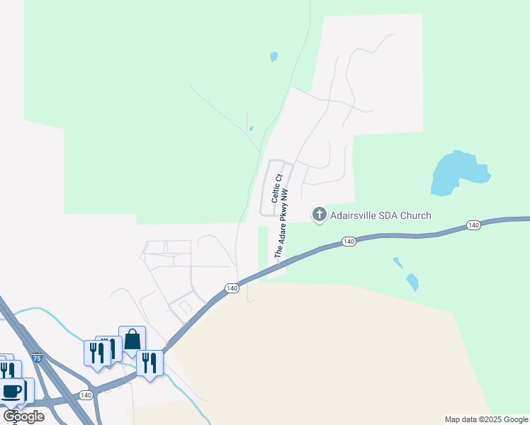 map of restaurants, bars, coffee shops, grocery stores, and more near 24 Castlemoor Loop in Adairsville