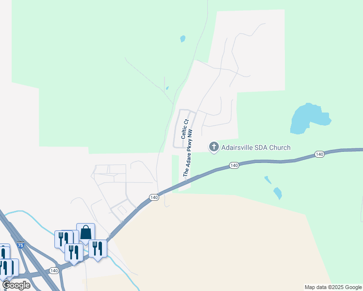 map of restaurants, bars, coffee shops, grocery stores, and more near 18 Castlemoor Loop in Adairsville