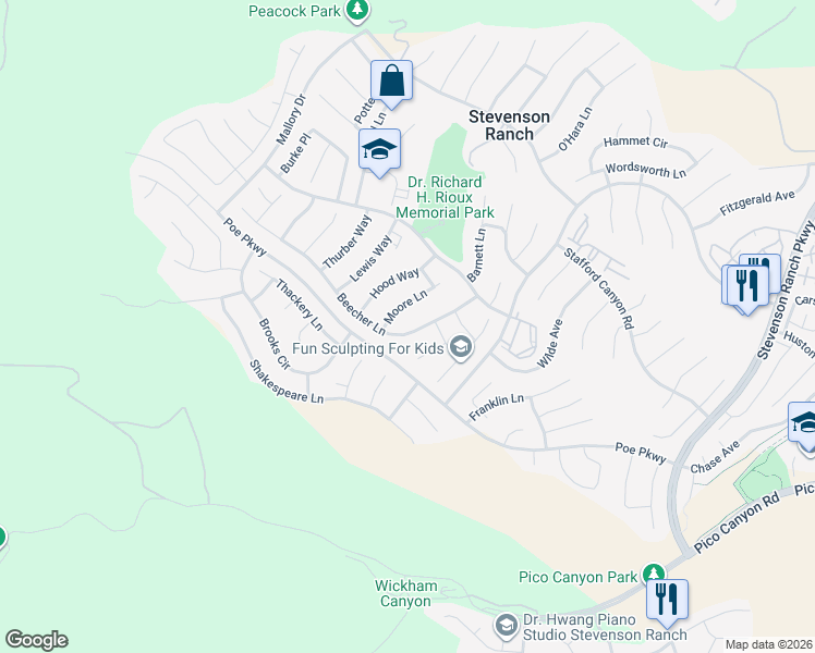 map of restaurants, bars, coffee shops, grocery stores, and more near 26228 Beecher Lane in Stevenson Ranch