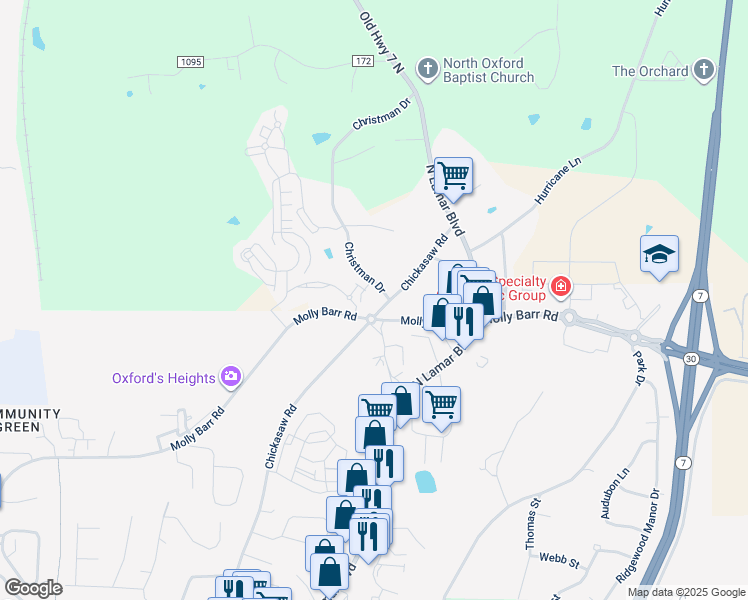 map of restaurants, bars, coffee shops, grocery stores, and more near 1401 Chickasaw Road in Oxford
