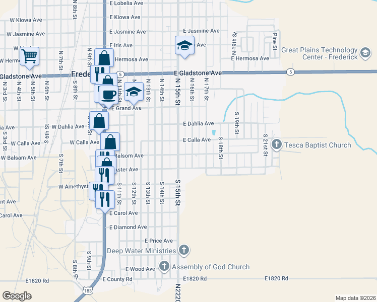map of restaurants, bars, coffee shops, grocery stores, and more near 404 South 15th Street in Frederick