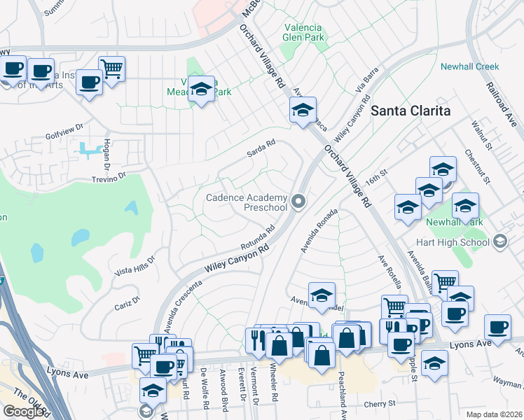 map of restaurants, bars, coffee shops, grocery stores, and more near 25433 Vía Escovar in Santa Clarita